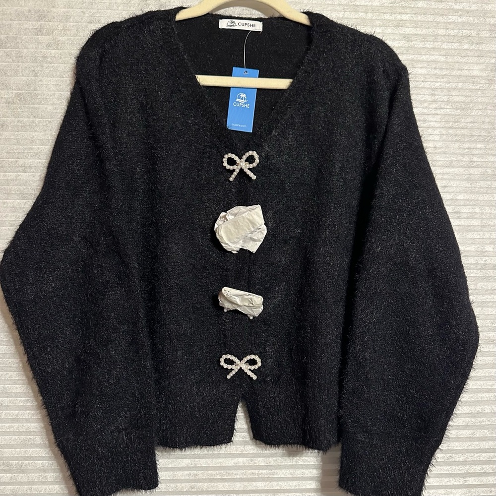 Cupshe Black Fuzzy V-Neck Sweater with Bow Embellishments